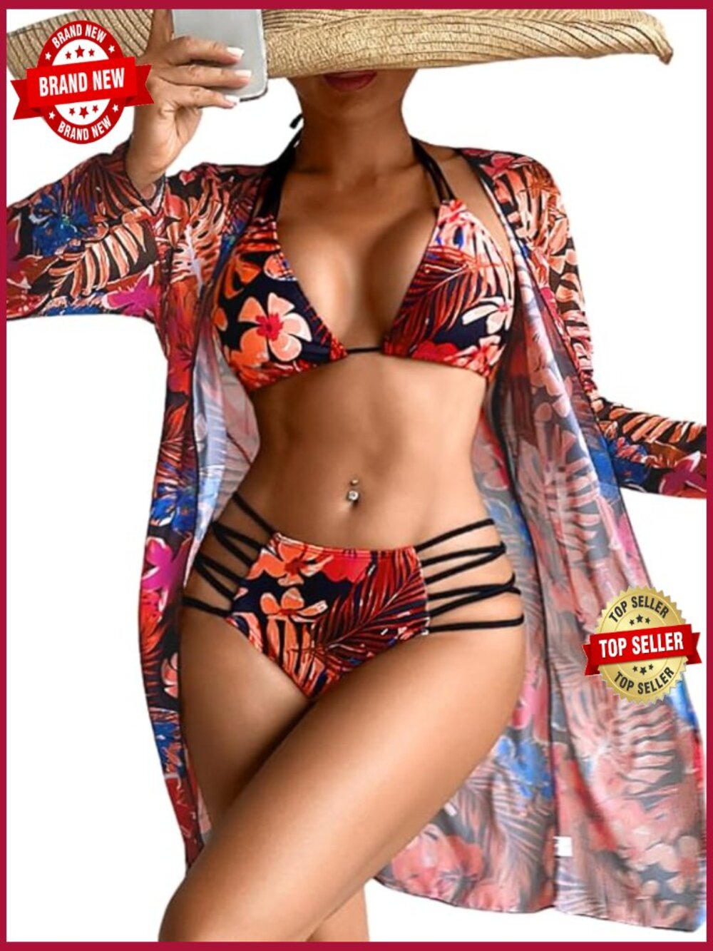 3 Piece Bikini Set with Mesh Coverup, Crisscross Cutout Swimwear